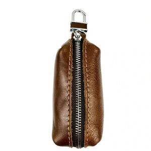 NWT Leather Key Organizer Keychain Zip Case Brown Compact